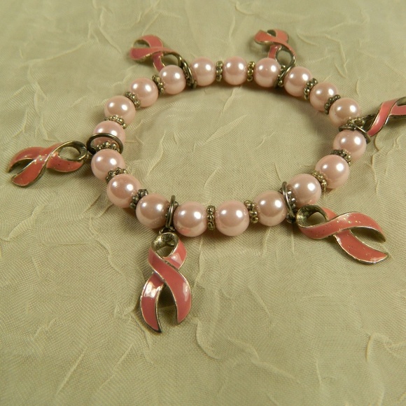 Pink Pearl Bead Bracelet w/ Breast Cancer Awareness Ribbon Charms Gold Tone Stre - Picture 1 of 5